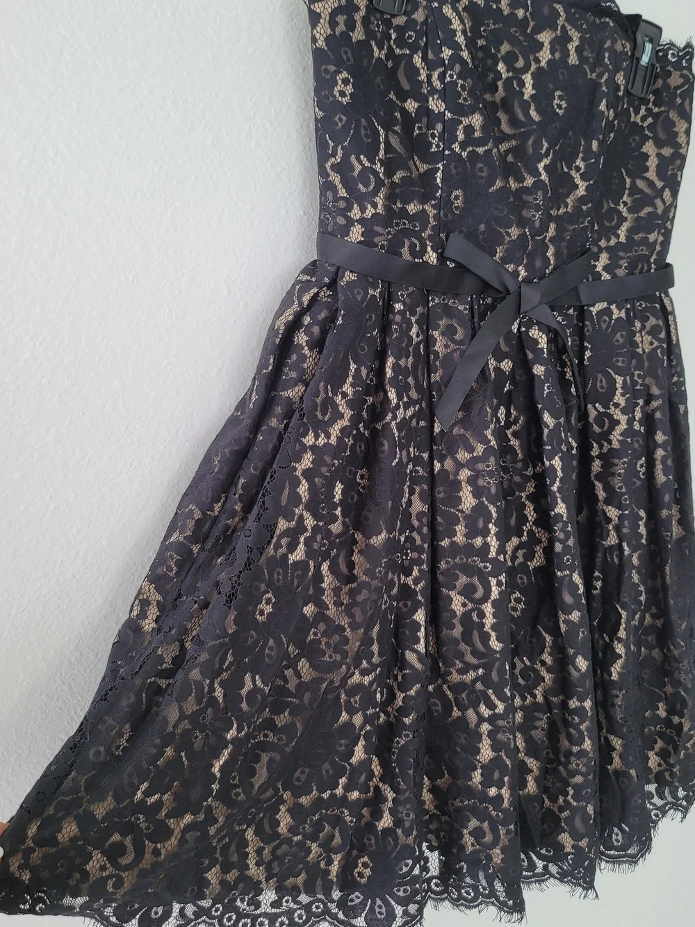 Strapless Black Lace Dress with Cream Lining and Satin Waist Bow Size 6
